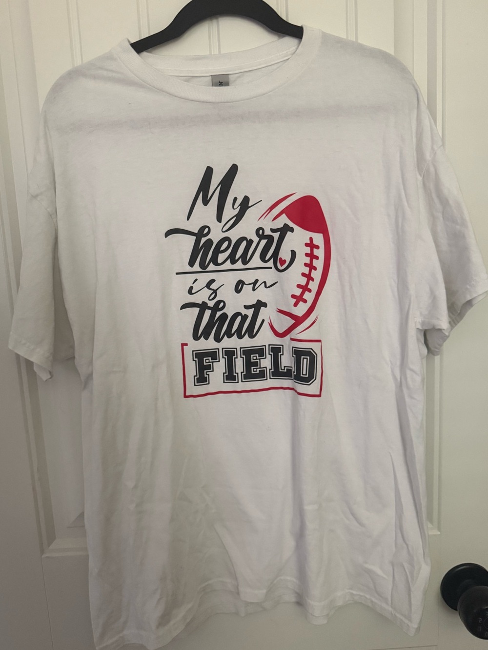 White Short Sleeve Tee with Red & Black Football Graphic